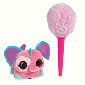 A happy little pink electronic elephant with a cotton candy accessory.