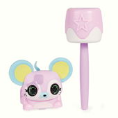 A happy little pastel electronic mouse with a marshmallow accessory.