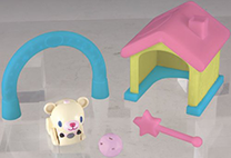 A cute house, ball, star wand, and a blue archway.