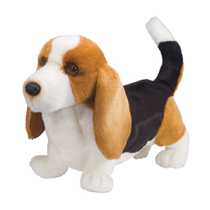 An alert basset hound plush.