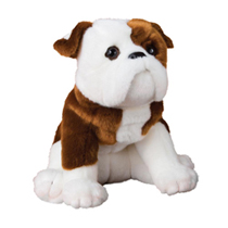 A soft bulldog plush sitting down.