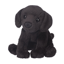 A black dog plush sitting down.