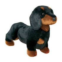An alert dachshund plush.