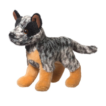 A mottley cattle dog plush standing up.