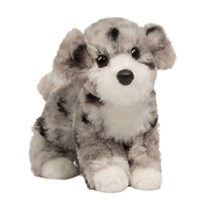 A very puffy spotted gray dog plush.
