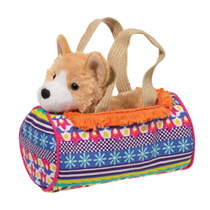 A plush corgi in a colorful carrying bag.