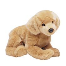 A fuzzy golden retriever plush sitting down.