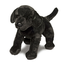 A shiny black lab plush standing up.