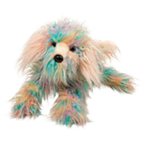 A fuzzy sheepdog plush with rainbow patches.