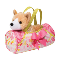 A puppy in a cute pink and white purse with bow on it.