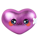 A purple heart plush with a white flower.