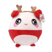 A round white and red panda wearing a moose antler headband.
