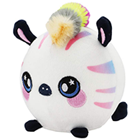 A round white zebra plush with rainbow stripes.