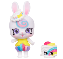 A white rabbit with colorful pants and a cute hat.