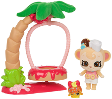 A tan monkey wearing a donut inspired outfit.