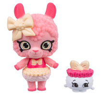A pink llama wearing a cream colored bow.