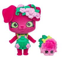 A very pink puppy wearing a flower themed outfit.